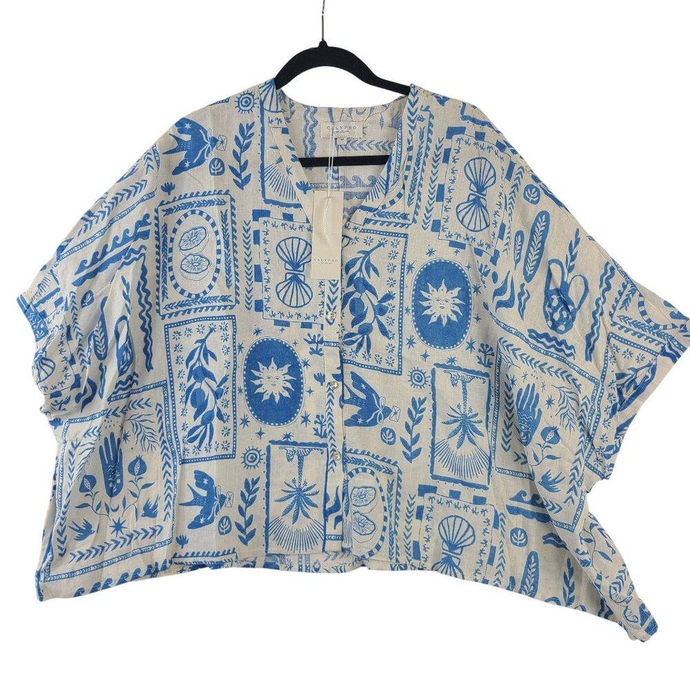NWT Calypso St. Barth Women's Linen Rayon Blend Blue & White Boxy Top Size M